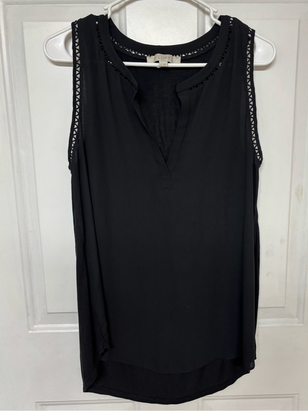 LOFT Black Sleeveless Split Neck Crochet Trim Blouse Top Size M